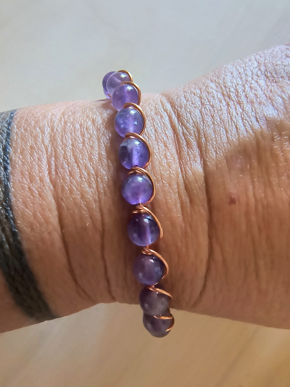 Hand Crafted Purple Amethyst Bead Bracelet with Copper Wire